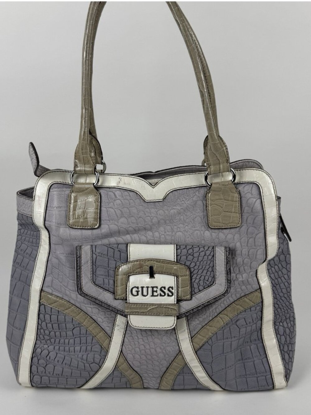 Vintage Y2K Guess Satchel Shoulder Bag White Tan Grey Croc Embossed